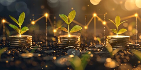 Obraz premium Three plants are growing on top of three stacks of coins. The plants are lit up, giving the image a warm and inviting feeling