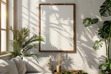 Poster in oak frame hanging in sunlit room with indoor plants
