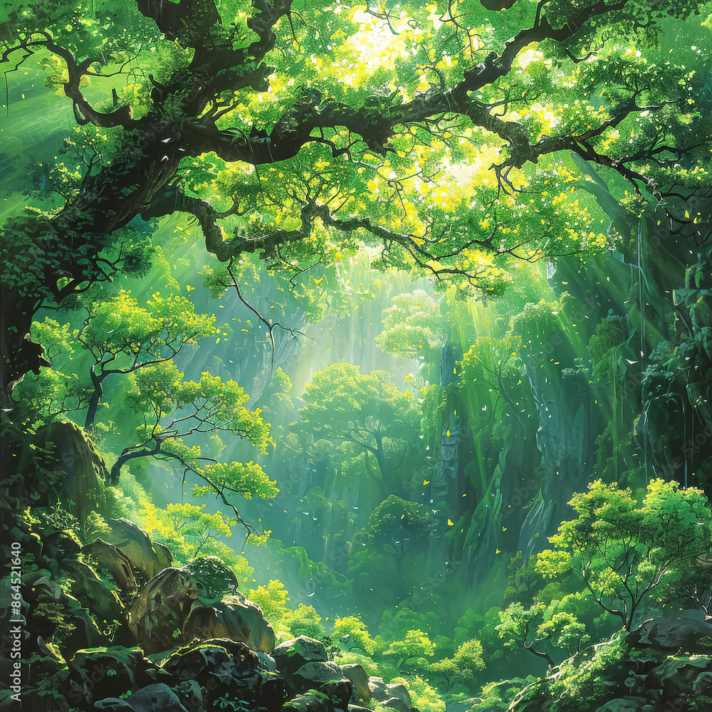 Poster a forest path with trees and rocks. scene is peaceful and serene, as the viewer is surrounded by nat