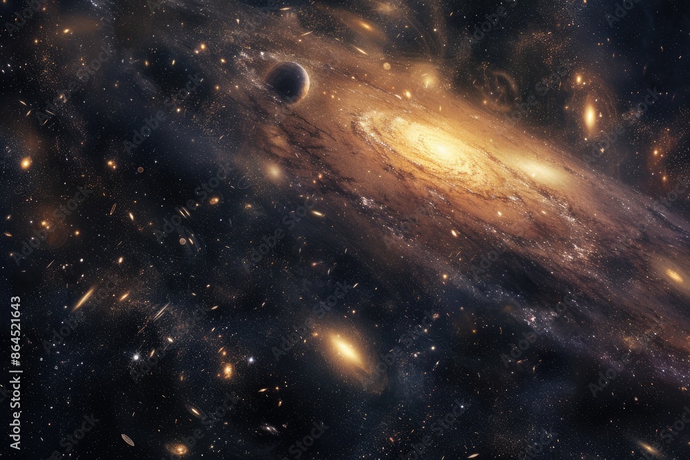 Poster a galaxy with a spiral galaxy in the background, breathtaking view of the universe showing countless