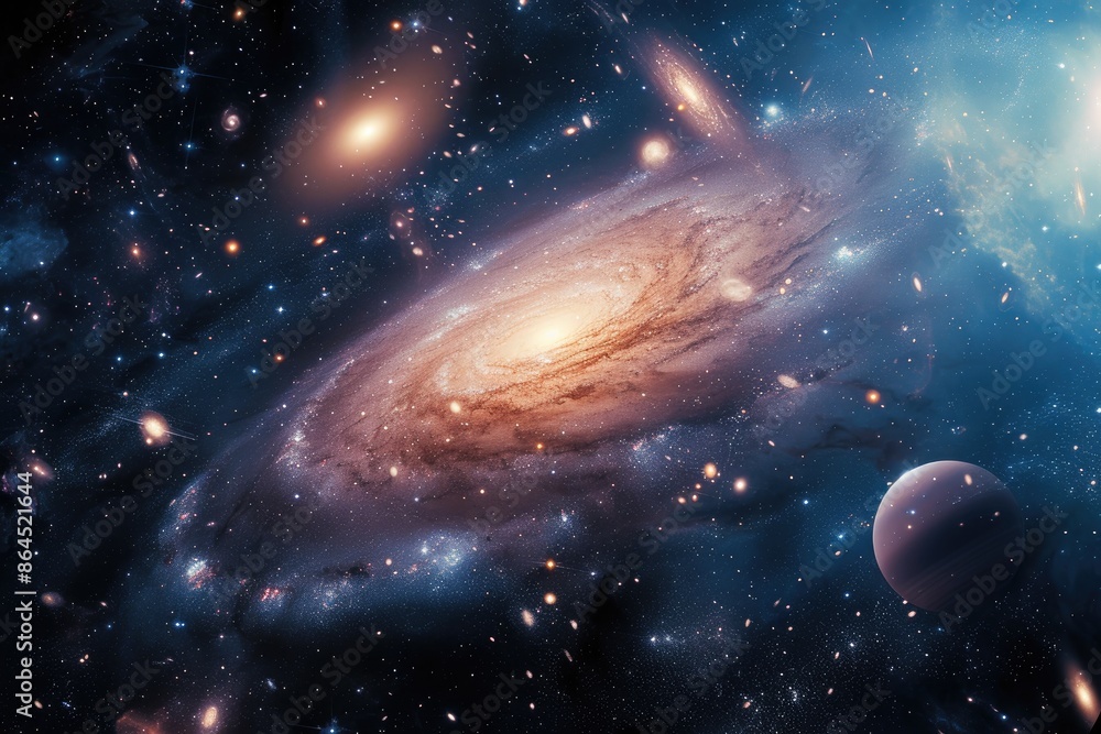 Poster a galaxy with a spiral galaxy in the background, breathtaking view of the universe showing countless