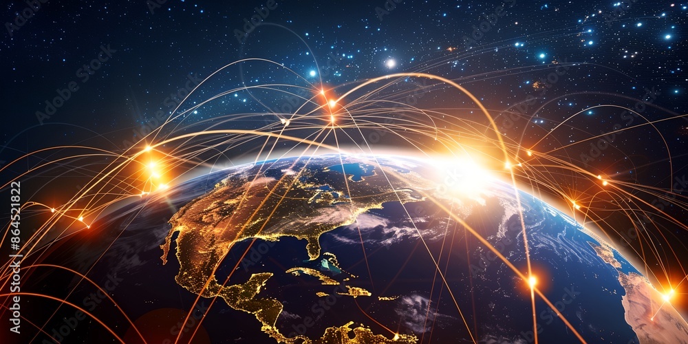 Poster A planet with a network of lines connecting it to other planets. The lines are glowing with different colors, creating a sense of interconnectedness and unity