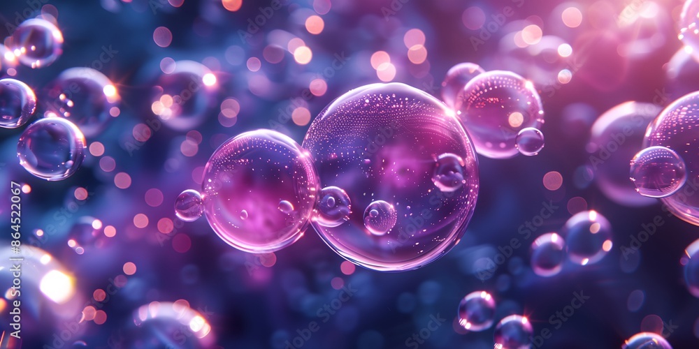 Poster a close up of a bunch of purple bubbles floating in the air. the bubbles are all different sizes and