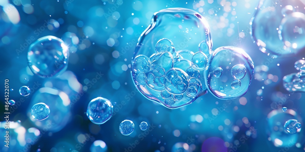 Poster a blue background with many small bubbles of water. the bubbles are scattered throughout the image, 