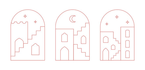 Trendy minimal outline window, arch with landscape. Abstract buildings, stairs, moon, window, arch vector frames