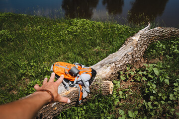 The hand reaches for a backpack lying on a log, hiking equipment, trekking in the forest.