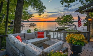 Beautiful lakehouse with patio furniture overlooking the water at sunset includes an American flag and trees on both sides of the deck Generative AI