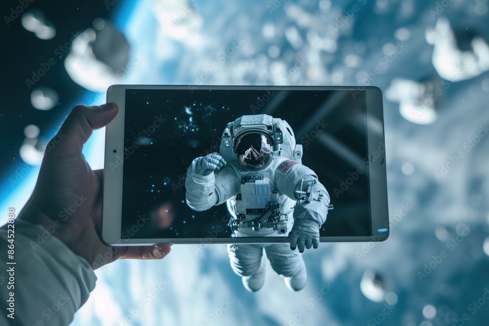 Poster a person holding a cell phone in their hand, floating tablet displaying live streaming of an outer s