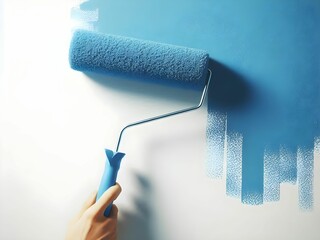 Obraz premium Abstract image of a blue paint roller paints the wall of a white house in a modern blue color