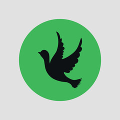 Flat round green icon with black silhouette of a bird. Vector on a gray background
