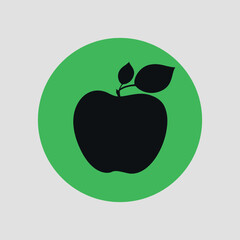 Flat round green icon with black silhouette of an apple. Vector on a gray background