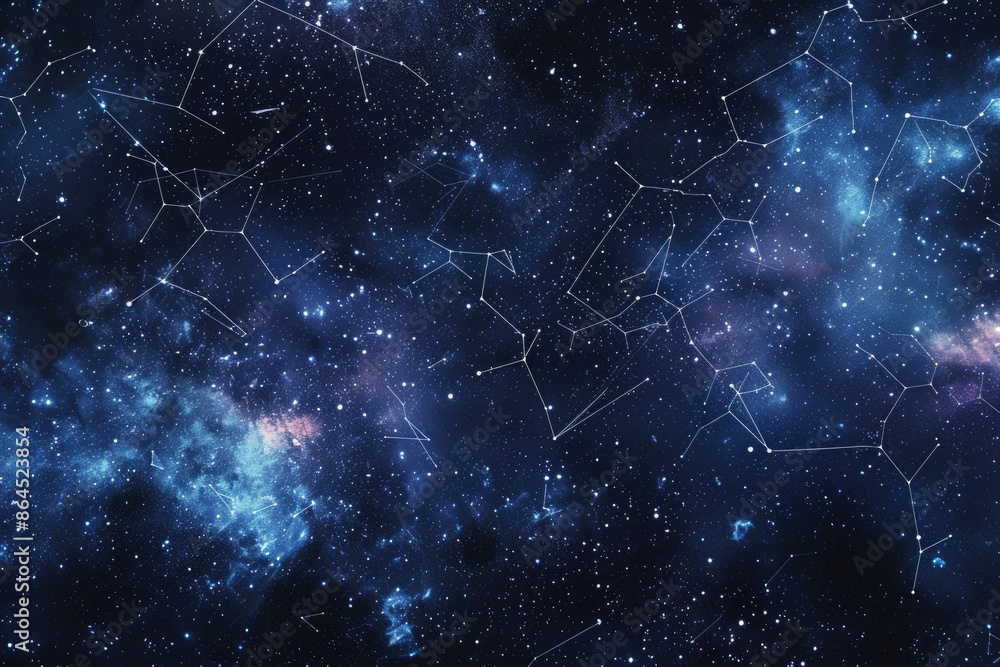 Poster a sky with many stars, backdrop with glassmorphism effect and starry constellations
