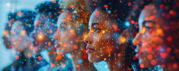 A diverse selection of people where the digital network connects each person