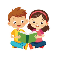 Cartoon happy kids reading a book vector