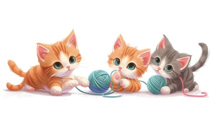three kittens playing with a ball of yarn, Cartoon kittens playing with yarn balls