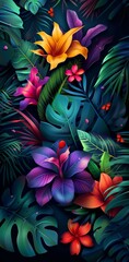 Vibrant abstract illustration of tropical flowers and leaves with vivid colors