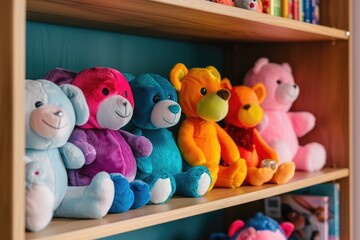 a book shelf filled with lots of stuffed animals, Colorful stuffed animals on a bookshelf