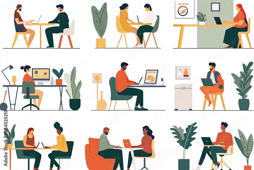 Poster people sitting at a table with laptops and a world map, composite of people working remotely on vari