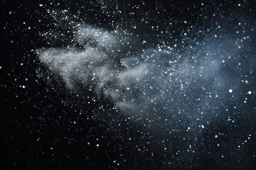 a black and white photo of a snow covered ground, dazzling silver glitter explosion on a dark night sky