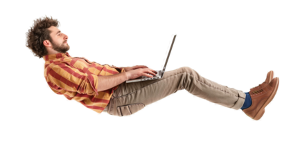 Young Man Floating in the Air Using Laptop, Full Body Isolated on Transparent Background