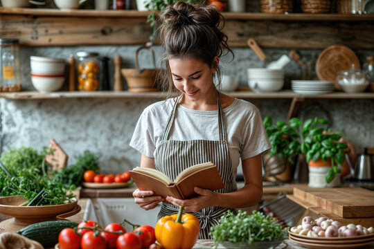 Young woman reading cookbook surrounded by fresh vegetables in rustic kitchen
