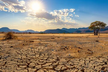 Dry desert landscape, arid climate. Nature s earth, barren grounds. Summer heat, cracked surfaces. Sunset skies, global warming. Rough terrain, broken soils. Cloudy horizons,