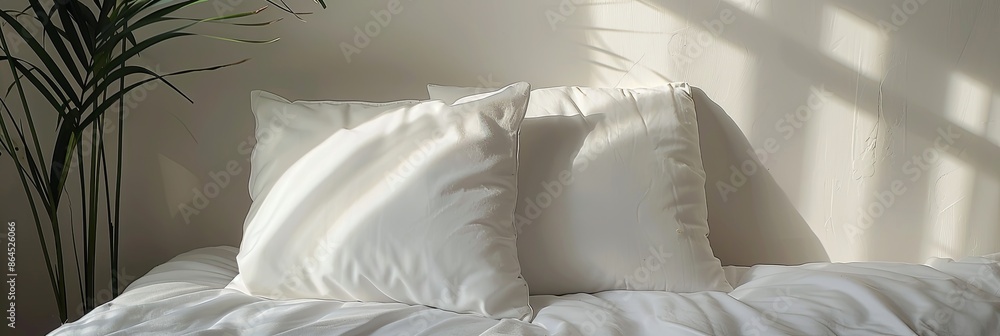 Poster two white cushions resting on a smooth bed with sunlight streaming through a window