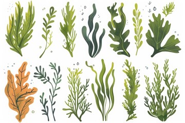 Various types of green and brown seaweed. Botanical illustration. Marine life and aquatic plants concept for design and print. Generative AI