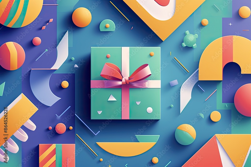 Aufkleber a present box with a bow on a colorful background, gift box surrounded by abstract geometric shapes