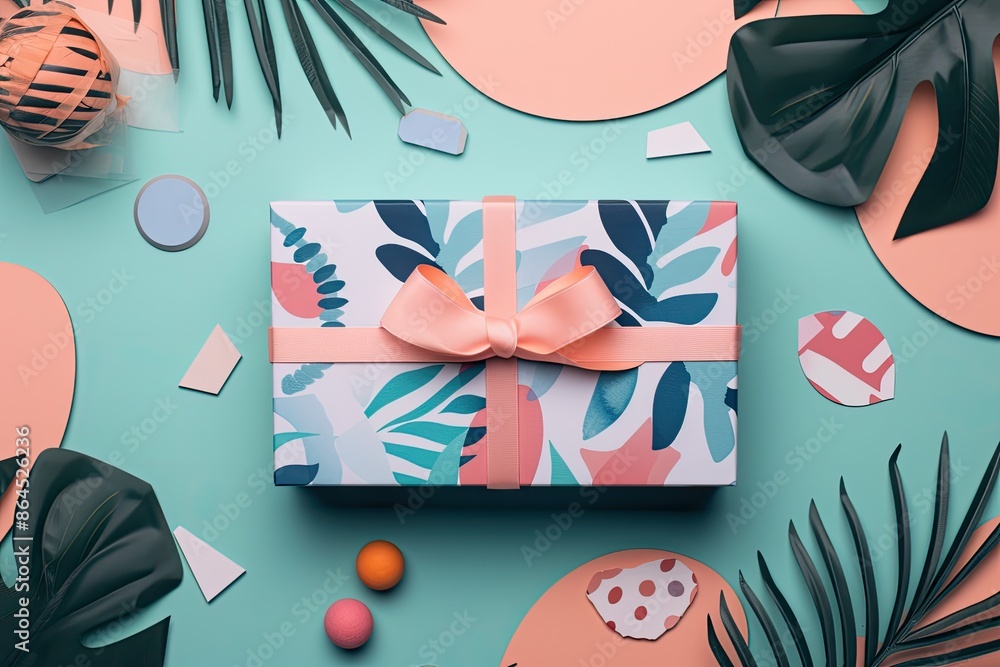 Aufkleber a present box with a bow on a colorful background, gift box surrounded by abstract geometric shapes