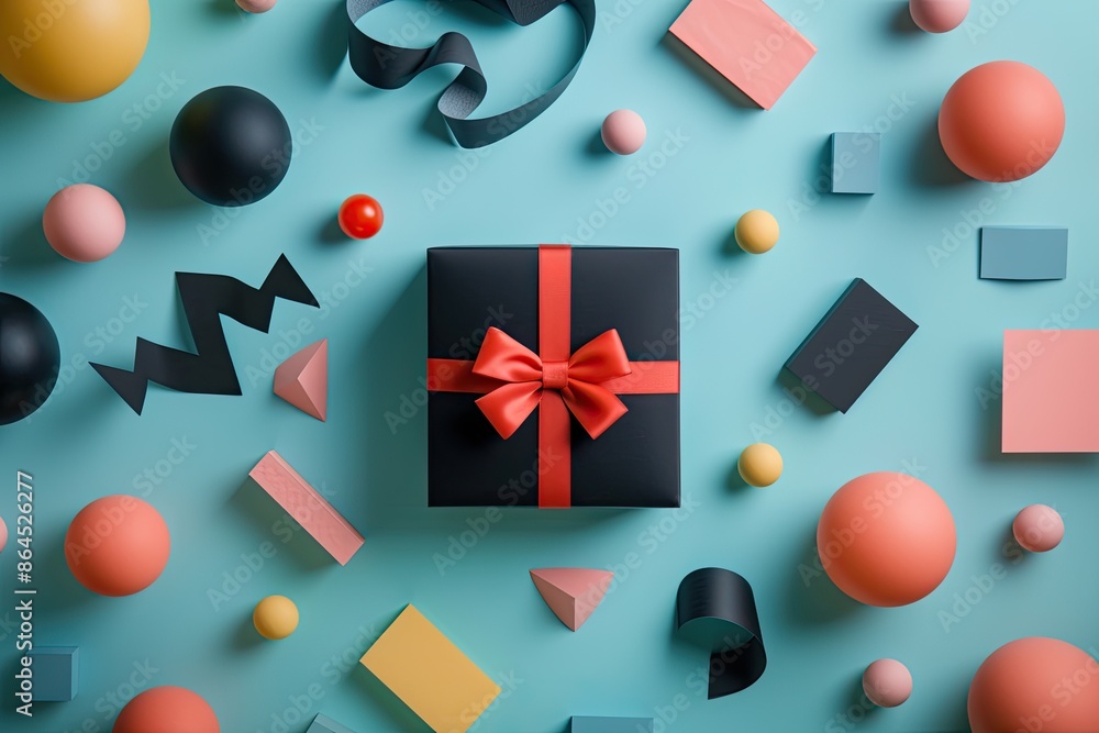 Aufkleber a present box with a bow on a colorful background, gift box surrounded by abstract geometric shapes