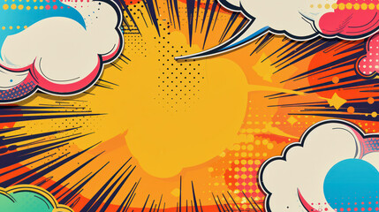 illustration of yellow comic background with white clouds around, copyspace