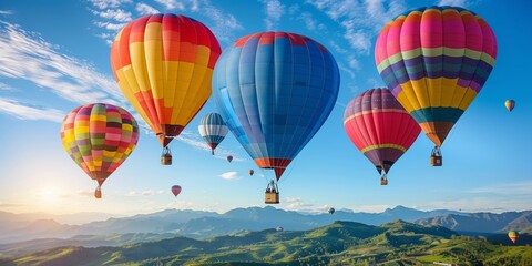 Fototapeta premium High-Quality Wide Photograph of Vibrant Hot Air Balloons over Scenic Landscape for Adventure and Travel Inspiration, Array of Colorful Hot Air Balloons Floating Above Beautiful Landscape at Sunrise 