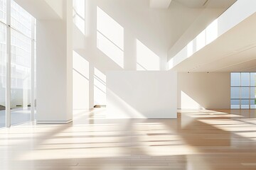 Fototapeta premium Empty interior room. Modern architecture design, white walls. Bright windows, clean space. Contemporary loft, parquet floor. Home and apartment style. Indoor living, new wooden