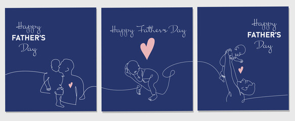 Vector set of one line drawing greeting card for Happy Father Day. Vector illustration of father holding a new born baby in oneline style.