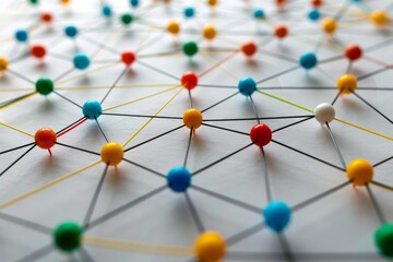 Obraz premium Abstract polygonal background with connected colored dots and lines. Minimalistic geometric pattern. Desktop wallpaper.