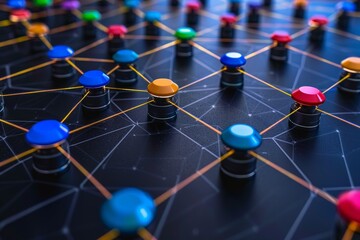 Abstract polygonal background with connected colored dots and lines. Minimalistic geometric pattern. Desktop wallpaper.