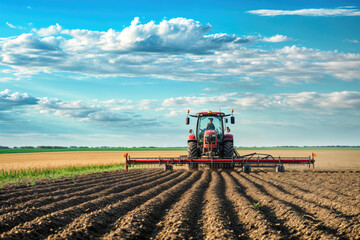 Fototapeta premium Farmer driving red tractor plowing cultivated field under cloudy sky