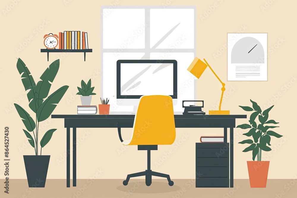 Poster a desk with a computer, plant and a lamp, graphic representation of a relaxed yet productive ambient