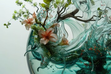 a couple of vases that are sitting on a table, Glassmorphism design with nature elements