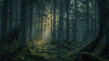 Foggy forest, autumn nature. Misty trees, morning light. Sunlit paths, dark woodlands. Mysterious landscapes, beautiful backgrounds. Sunbeam shadows, green wilderness. Eerie