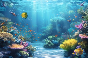 Naklejka premium a large aquarium with many different fish, Illustrate a gift box in a serene underwater world with coral reefs