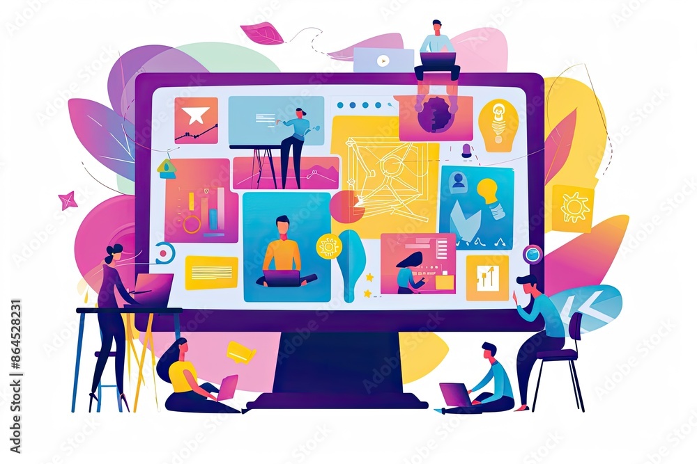Leinwandbilder people sitting at a table with laptops and computers, Illustration of remote team members participating in a virtual team-building activity