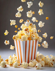 Fluffy popcorn falling, scattered in the air on gray background. Tasty snack in box for evening family time. Sweet or salted homemade food.