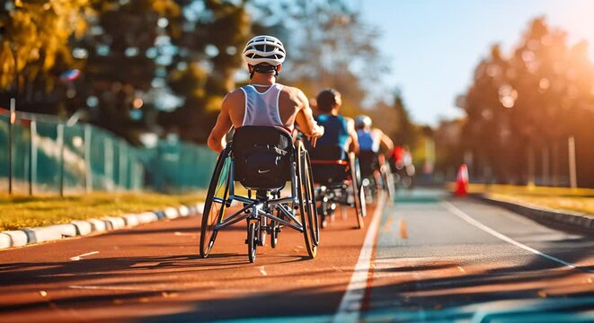 Paralympian in a wheelchair on a track at a stadium