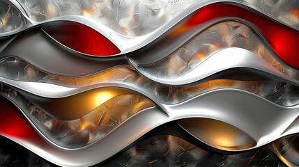 Abstract composition of glowing and patterned waves in silver, white, gold and red