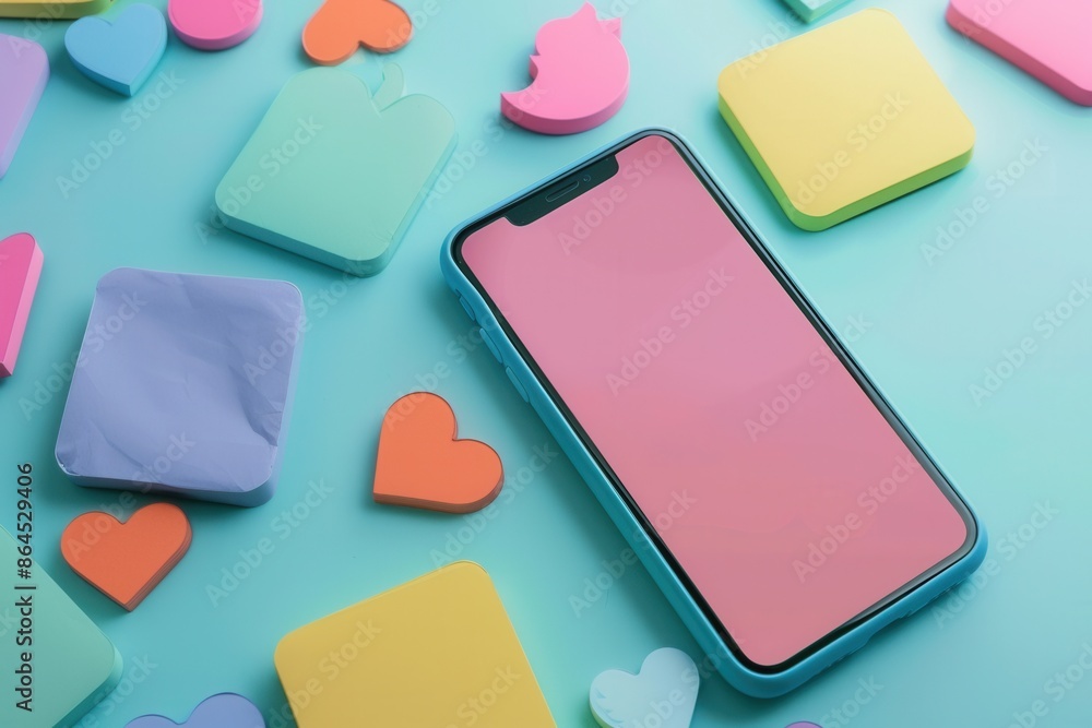 Poster a smartphone with blank screen on blue surface, surrounded by colorful shapes and notes. represents 