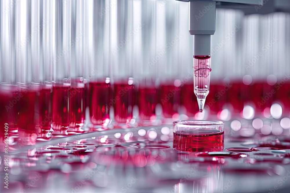 Poster a row of red liquid in a laboratory, showcase the elegance of a 3d-rendered biological assay