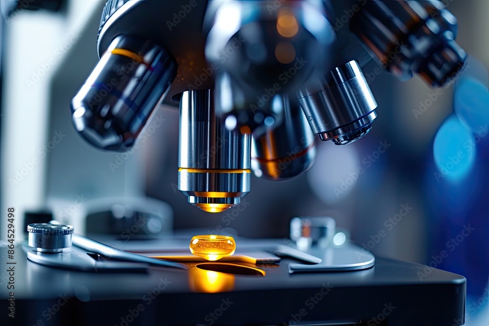 Poster a microscope with a yellow light on it, showcase the intricate details of a microscope