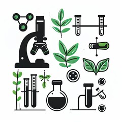 set in flat illustration style on the theme of biology: plant, microscope, flask with liquid, microbe, icon, black and white